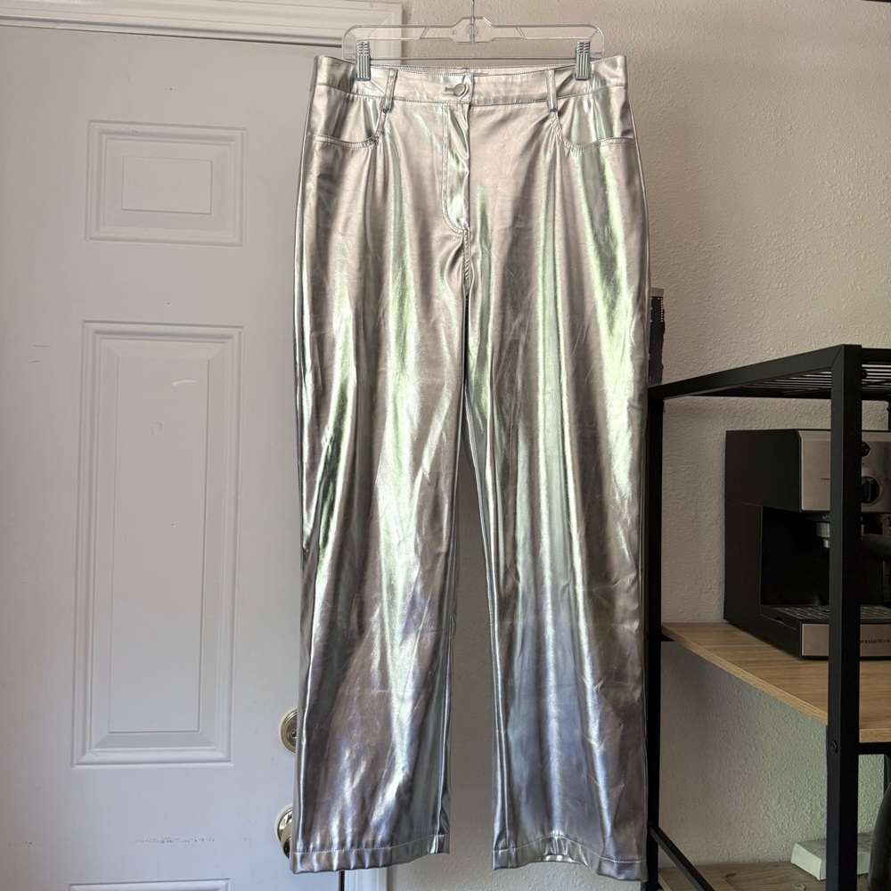 AMYLYNN silver metallic pu pleather faux leather cotton wide leg trousers pants - Picture 1 of 7